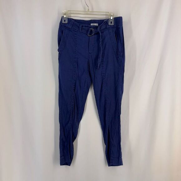 Vince Women's Blue Elastic Waist Belted Linen Blend Trousers Slim Pants Size 2 - Picture 3 of 14